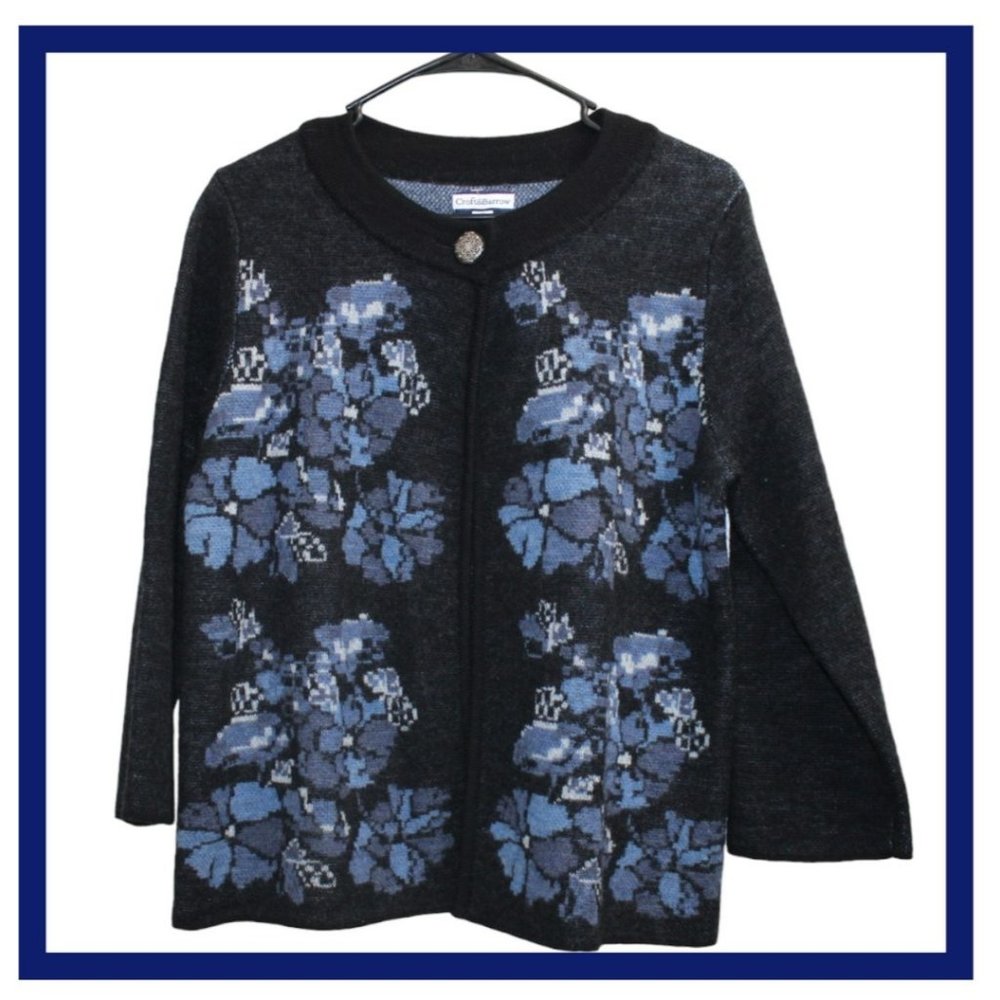 CROFT & BARROW NAVY BLUE OPEN FRONT CARDIGAN SWEATER WITH FLORAL DESIGN